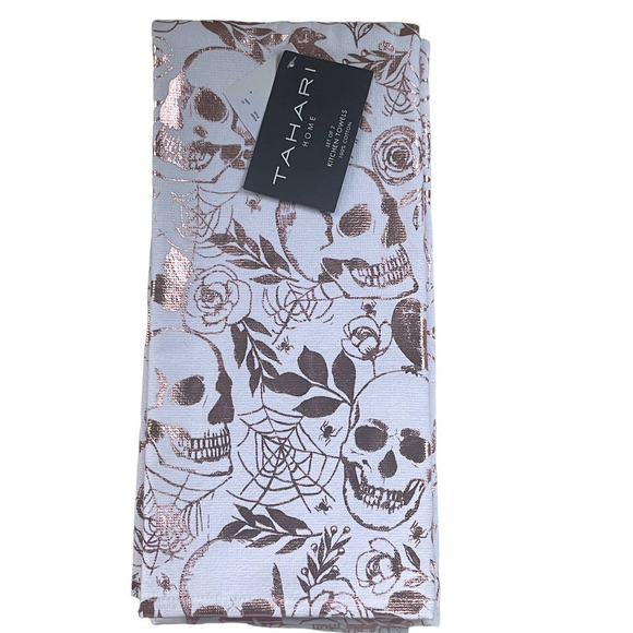 Skull Metallic Pink Tik Tok Viral Halloween Kitchen Towels Tahari 2 pk NWT - Picture 3 of 6
